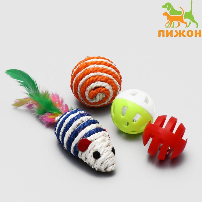 Набор игрушек для кошек: мышь и шарики из сизаля и пластика, микс цветов - Фото 1