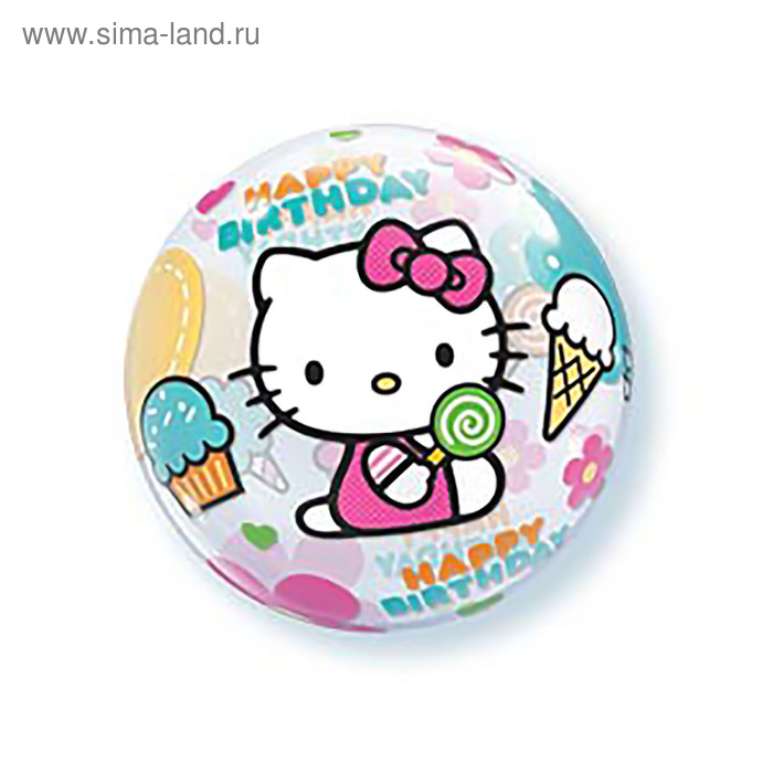 Шар полимерный 22" BUBBLE "С днём рождения!", Hello Kitty, прозрачный - Фото 1