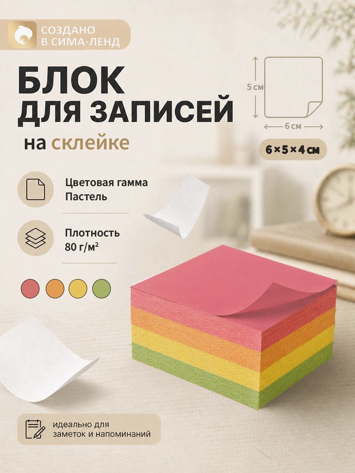 Блок бумаги для записей Calligrata, на склейке, 6×5×4 см, 80 г/м², цветной, пастель - Фото 1