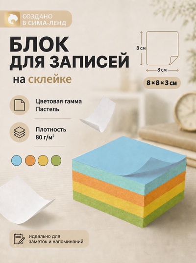 Блок бумаги для записей Calligrata, 8×8×3 см, 80 г/м², непроклеенный, цветной, пастель, МИКС