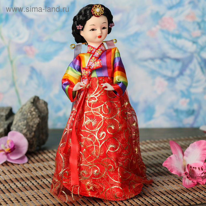Кукла коллекционная "Маленькая девочка в национальном в платье с красн.юбкой" 23х9,5х9,5 см - Фото 1