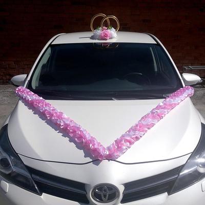 Набор для украшения автомобиля:кольца на крышу, 4 банта, Vобразная лента на капот 3м,розовый