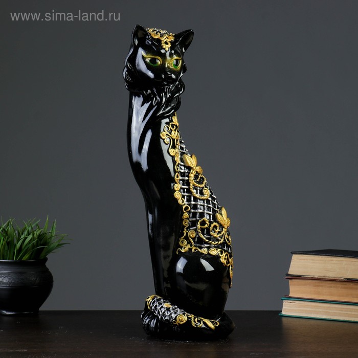Фигура "Кошка Маркиза" орнамент сеточка ручная работа чёрн/золото 14х14х48см - Фото 1