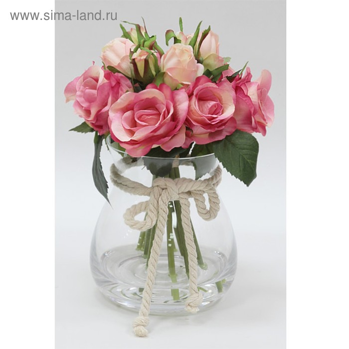 Декор.цветы Розы тём.розовые в стекл вазе - Фото 1