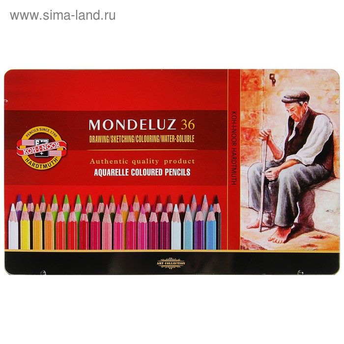 Карандаши акварельные набор 36 цветов, Koh-I-Noor Mondeluz 3725, в металлическом пенале - Фото 1