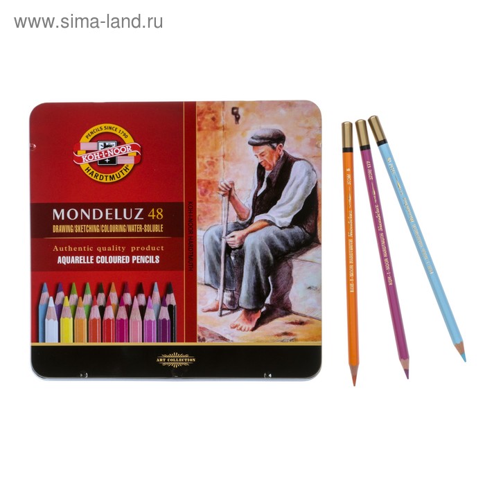 Карандаши цветные акварельные набор 48 цветов, Koh-I-Noor Mondeluz 3726, в металлическом пенале - Фото 1