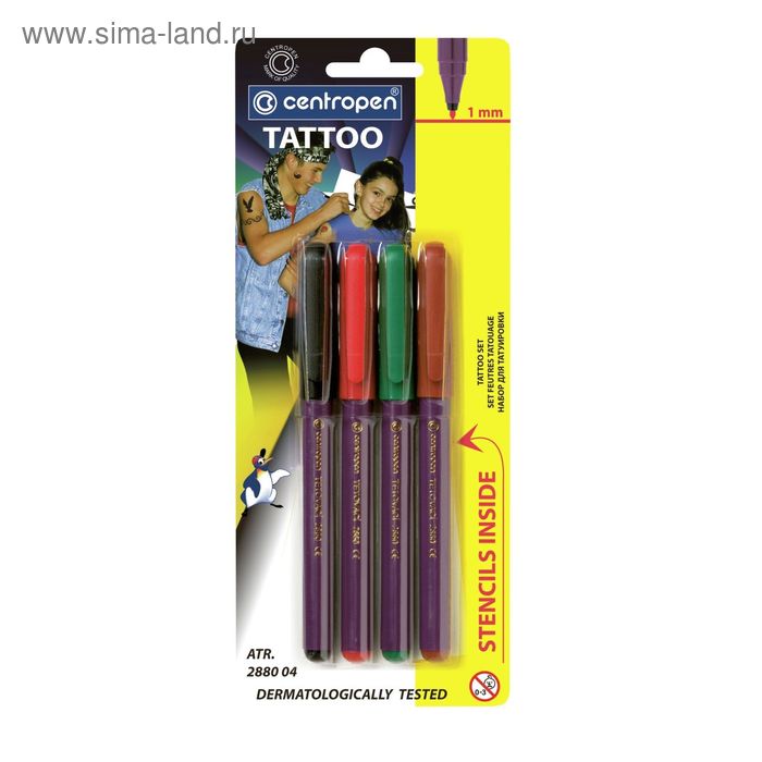 Фломастеры 4 цвета Centropen 2880 Tetovaci, для тату + 16 трафаретов, блистер, европодвес, линия 1.0 мм - Фото 1