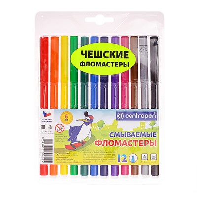 Фломастеры 12 цветов Centropen 7790 Washable 1.8 мм, блистер, европодвес, линия 1.0 мм