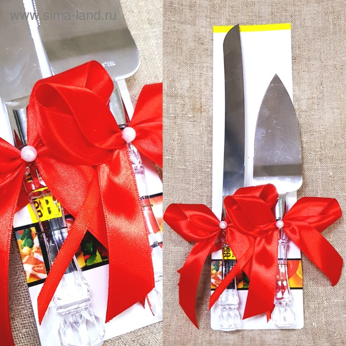 Набор "Свадебный" для торта с красным бантом: нож и лопатка - Фото 1