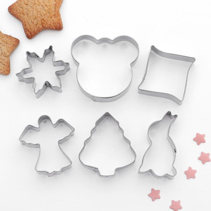 Набор форм для вырезания печенья Доляна «Ангел, мишка, ёлочка, зайчик», 6 предметов, цвет серебряный - Фото 1