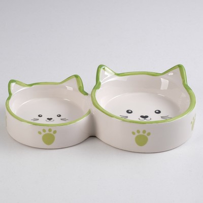 Миска керамическая "Кошачье семейство" двойная, 50/100 мл, бело-зелёная