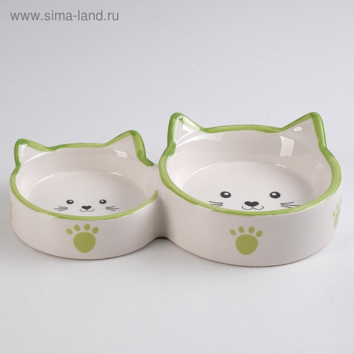 Миска керамическая "Кошачье семейство" двойная, 50/100 мл, бело-зелёная - Фото 1