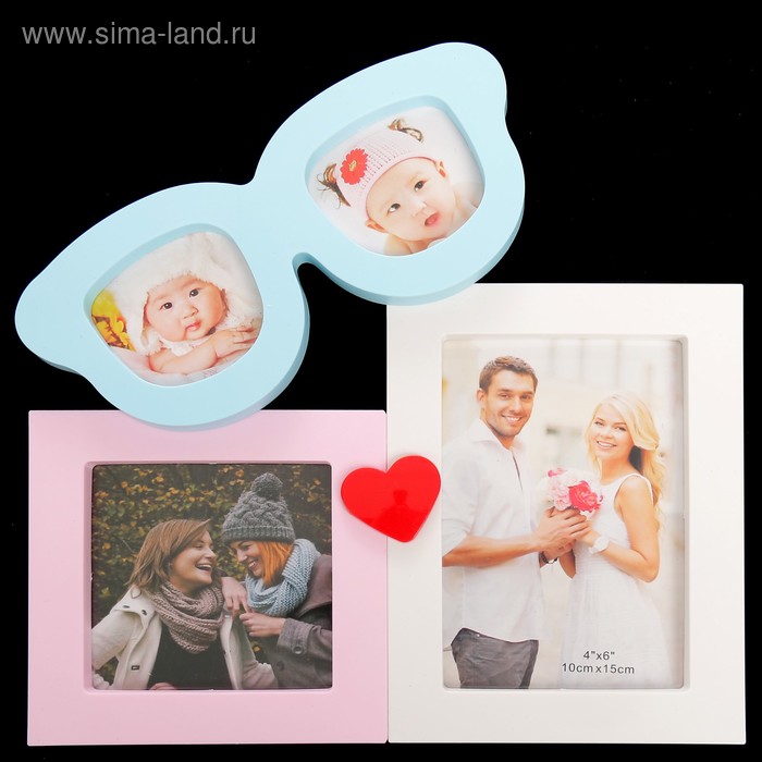 Фоторамка пластик на 4 фото 6х6, 9х9, 10х15 см "Голубые очки" 28х27 см - Фото 1