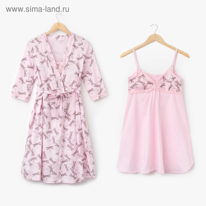 Комплект для беременных и кормящих (сорочка, халат) цвет розовый, принт МИКС, размер 46 - Фото 1