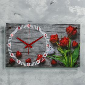 Часы-картина настенные, серия: Цветы, "Красные тюльпаны", плавный ход, 35 х 60 см