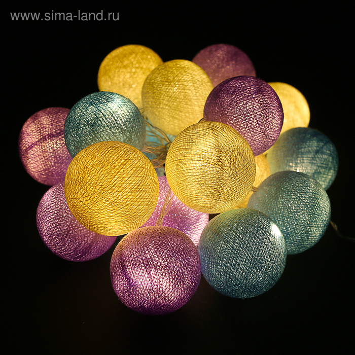 НИТЬ, 3.5 м, с насад "Хлопковый шарик 6 см", 20 LED, 3*АА (не в компл), лилов-голуб   30156 - Фото 1