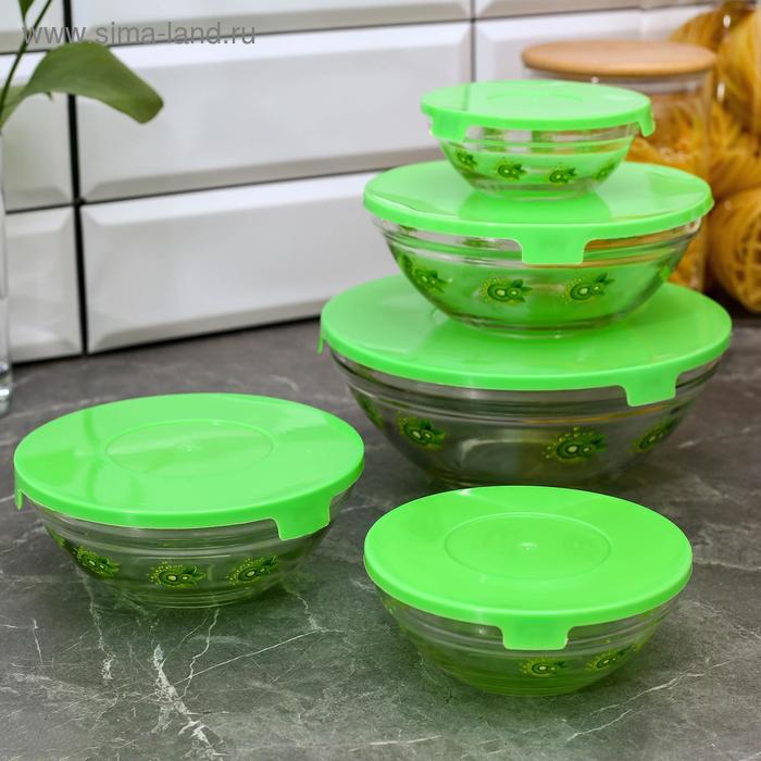 Набор стеклянных салатников с крышками «Киви», 5 шт: 130/200/350/500/900 мл, цвет зеленый - Фото 1