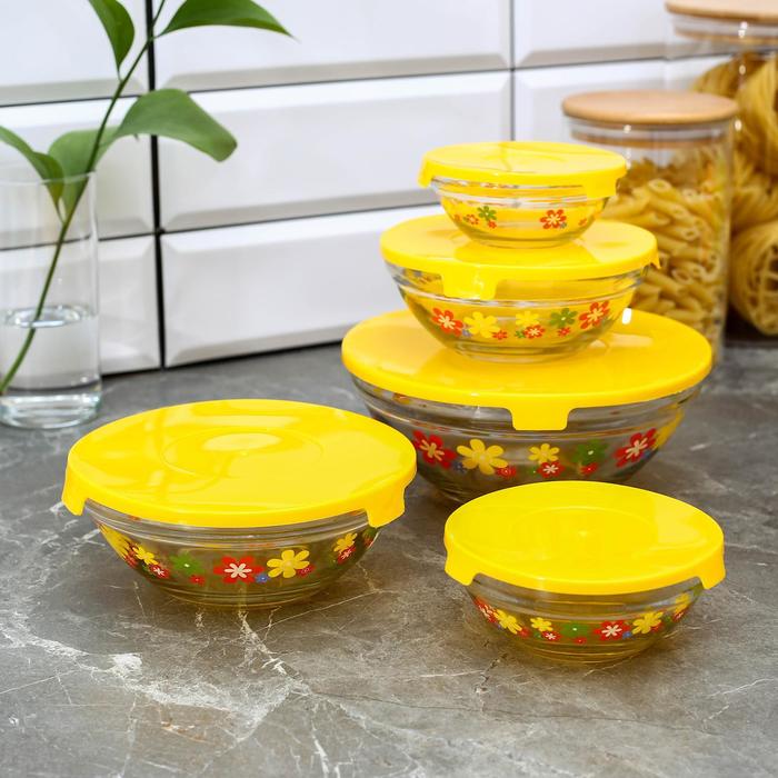 Набор стеклянных салатников с крышками "Цветочки", 5 шт: 130/200/350/500/900 мл, цвет желтый - Фото 1