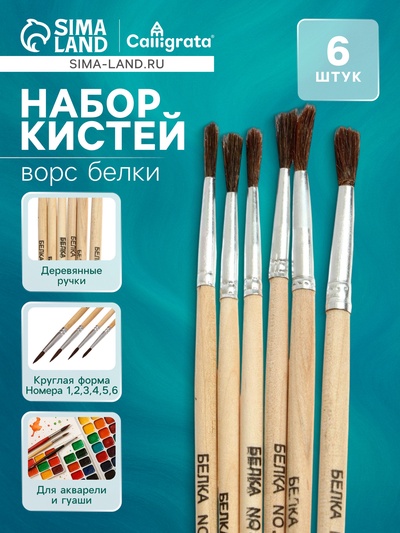 Набор кистей для рисования, белка, 6 штук: № 1, 2, 3, 4, 5, 6, Calligrata, круглые, деревянная ручка, международный размер