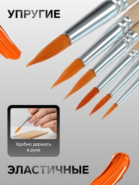 Набор кистей для рисования, нейлон, 6 штук: № 2, 4, 6, 8, 10, 12, круглые, деревянная ручка, международный размер