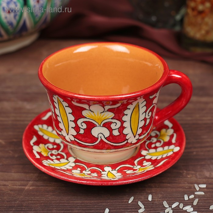 Чайная пара Риштанская Керамика "Узоры", 100 мл, (тарелка 10см, чашка 7,5см), красная - Фото 1