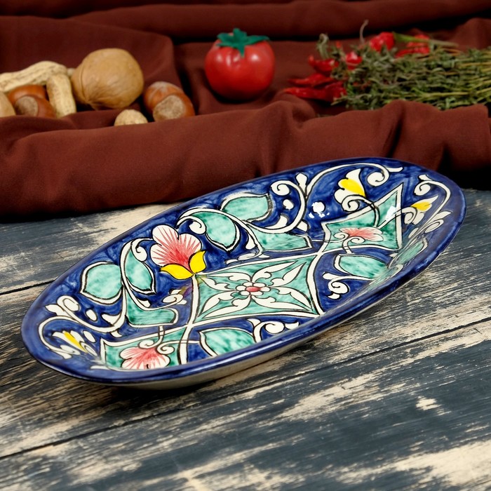 Селёдочница Риштанская Керамика "Цветы", 24 см, синяя, микс - фото 1908352315