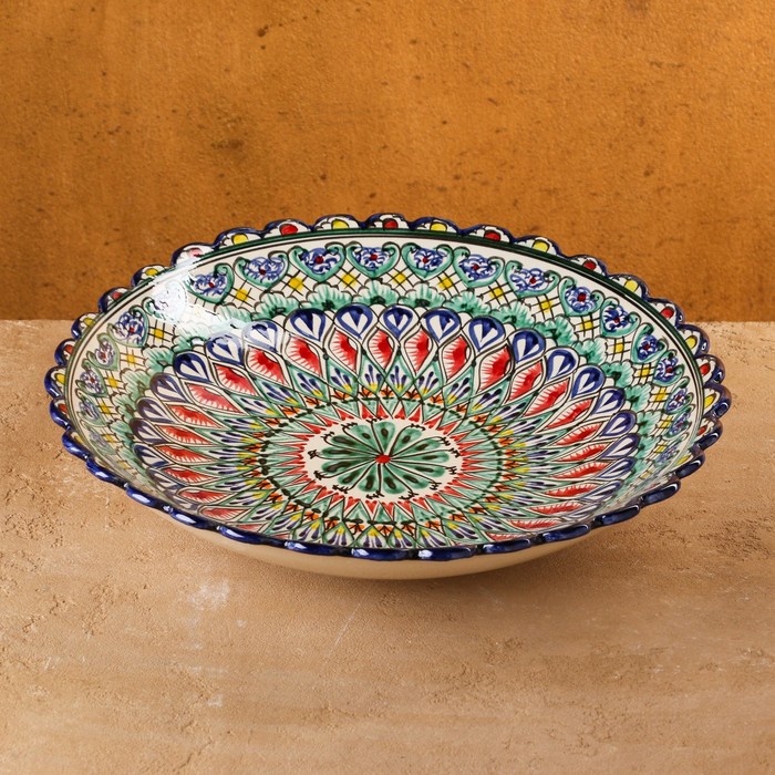 Ляган Риштанская Керамика "Цветы", 32 см, синий, рифлёный, глубокий - фото 1905445461