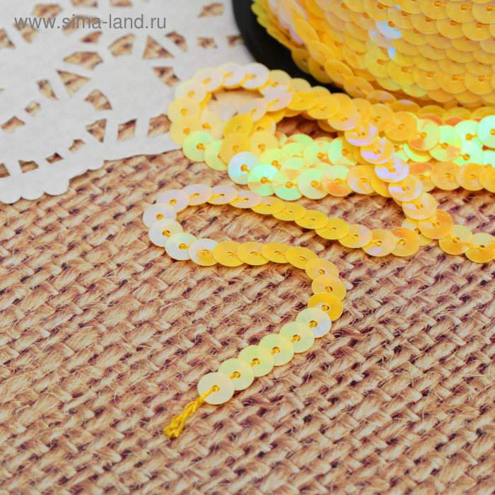 Тесьма декоративная с пайетками, перламутр, 6 мм, 91 ± 1 м, цвет жёлтый №52 - Фото 1