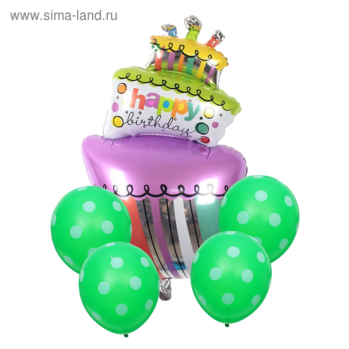 Букет из шаров "С днём рождения!", торт, фольга, латекс, набор 5 шт. - Фото 1