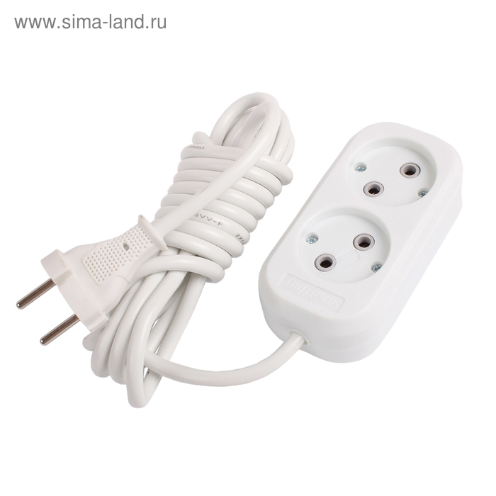 Удлинитель Smartbuy, 2 розетки, 3 м, 10 А, 2200 Вт, ПВС 2х1 мм2, без з/к, белый - Фото 1