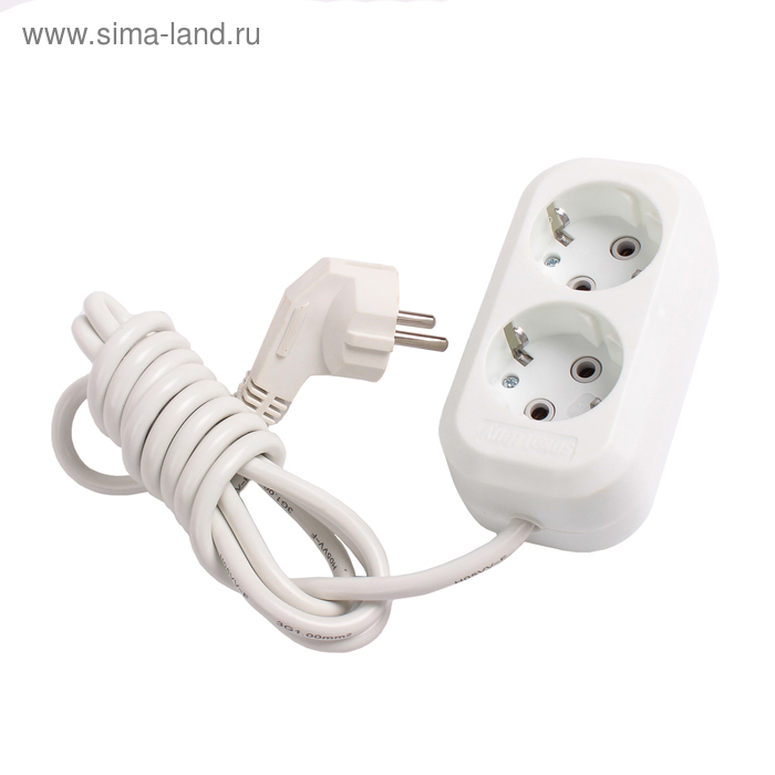 Удлинитель сетевой Smartbuy, 2 розетки, 2 м, 3500 Вт, ПВС 3×1 мм2, 16 А, с заземлением, белый - Фото 1