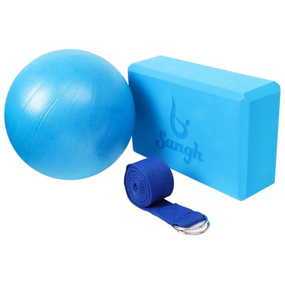 Набор для йоги Sangh: блок, ремень, мяч, цвет синий
