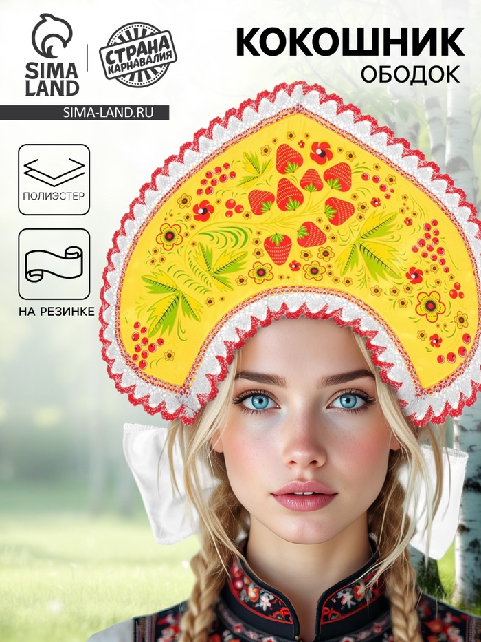 Кокошник «Хохлома ягодки», жёлтый атлас - Фото 1