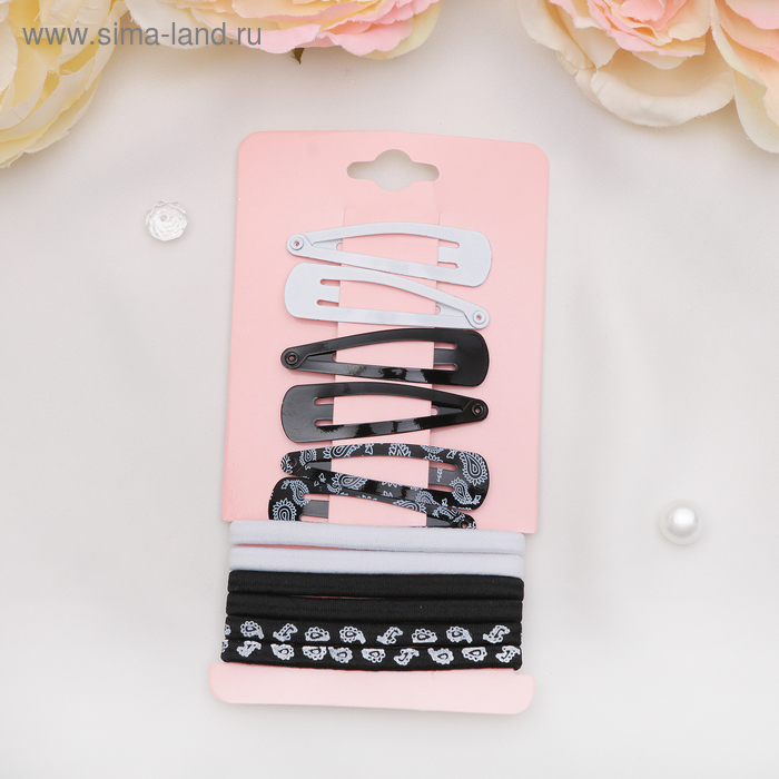 Набор для волос «Прима», 6 резинок, 6 невидимок, чёрно-белые с узором - Фото 1