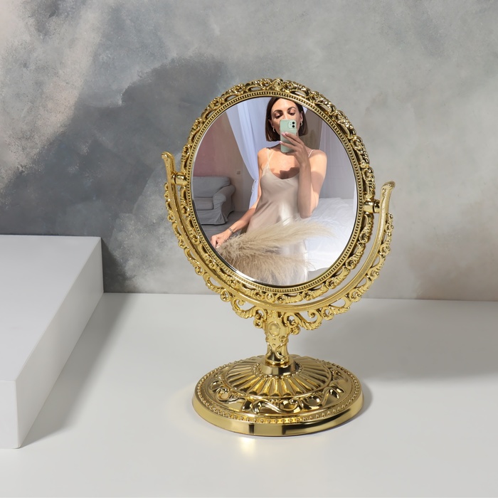Зеркало настольное «Круг», двустороннее, с увеличением, d зеркальной поверхности 10 см, цвет золотистый - фото 1900911490
