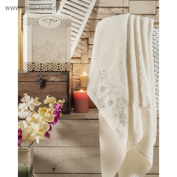 Полотенце махровое Karna Fleur, 500 гр, размер 85х150 см, цвет молочный - Фото 1