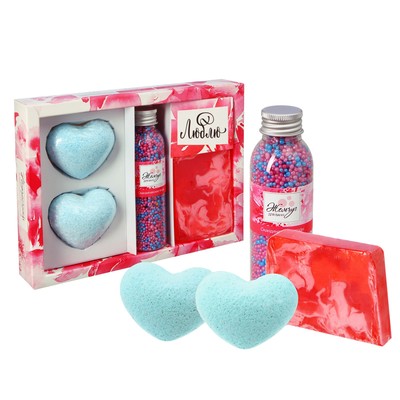 Подарочный набор "Люблю!": 2 бурлящих шара, жемчужины для ванн и мыло