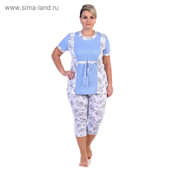 Пижама женская (футболка, бриджи) 221хр1974 цвет голубой, р-р 50 - Фото 1