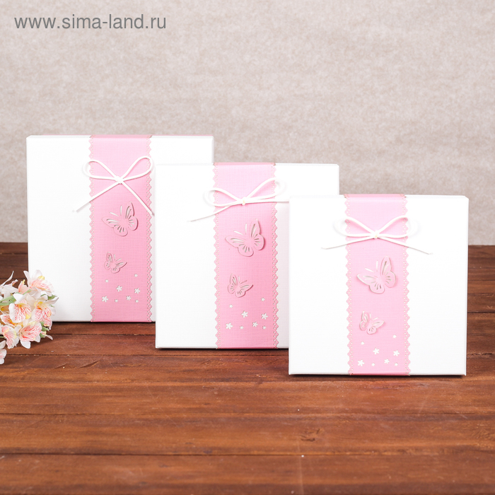 Набор коробок 3 в 1 "Бабочки", розовый, 21 х 21 х 12 - 17 х 17 х 9 см - Фото 1