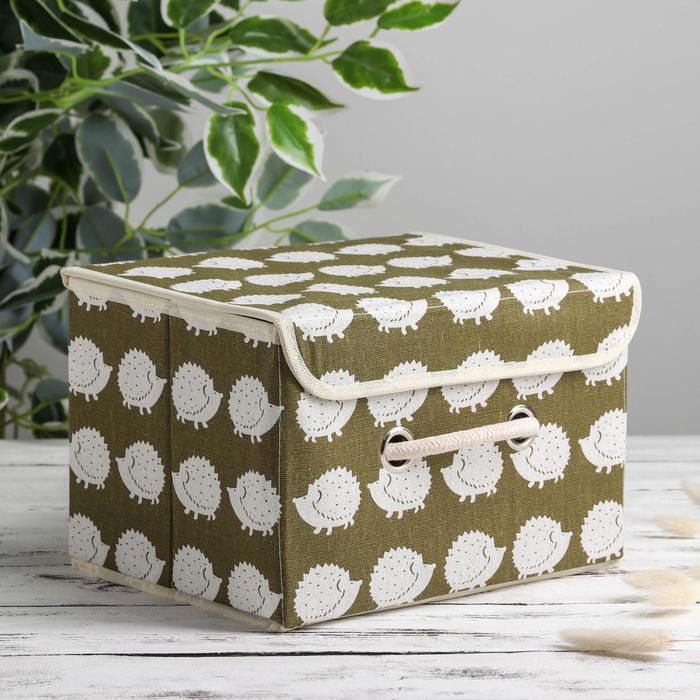 Короб стеллажный для хранения с крышкой «Ёжики», 25×20×17 см, зелёный - Фото 1