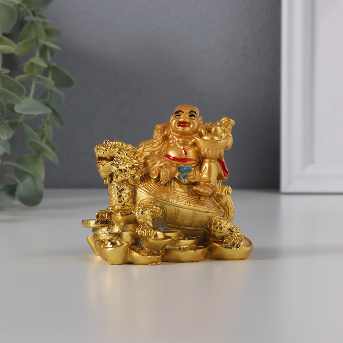 Нэцкэ фигурка «Хотей на драконочерепахе», 7.5×7.5 см, под золото