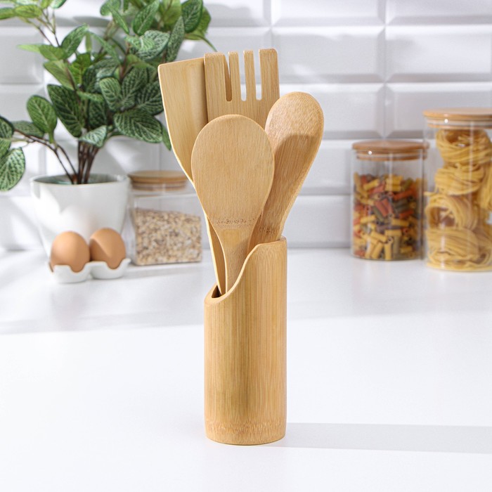 Набор кухонных принадлежностей Доляна «Дуновение леса», 4 предмета на подставке: 2 лопатки, 2 ложки - Фото 1