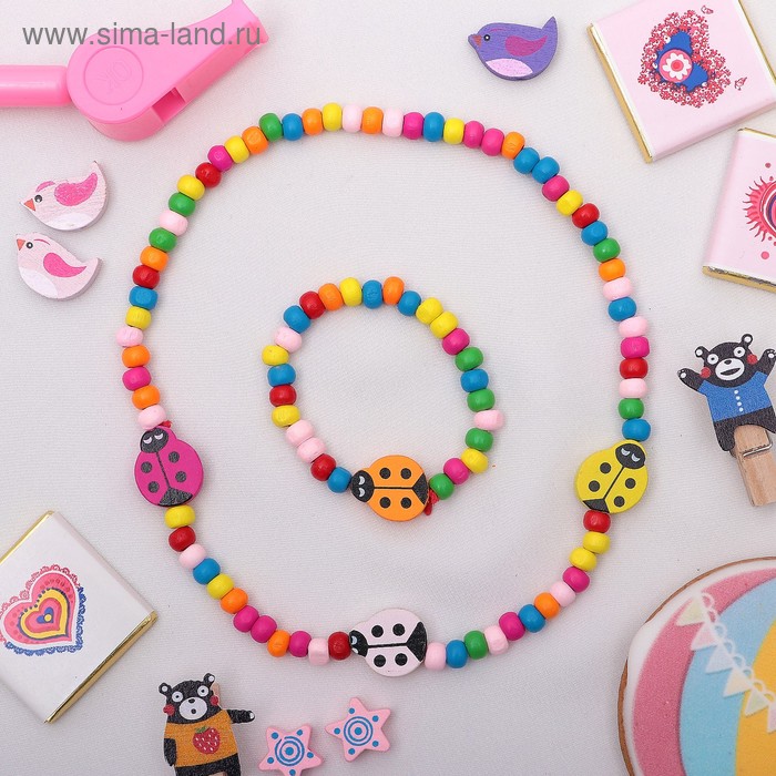 Набор детских украшений Выбражулька «Божья коровка», 2 предмета: бусы, браслет, разноцветный