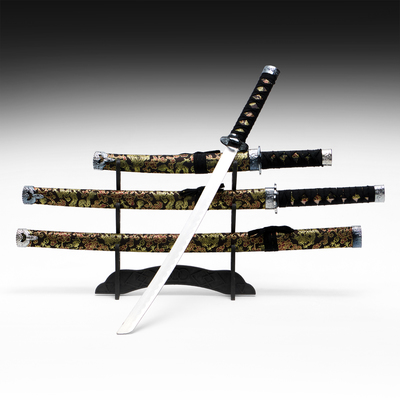 Макет оружия «Сувенирные катаны на подставке 3в1. Драконы на чёрном», подарочный набор, ножны ткань, 47 см; 70 см; 89 см