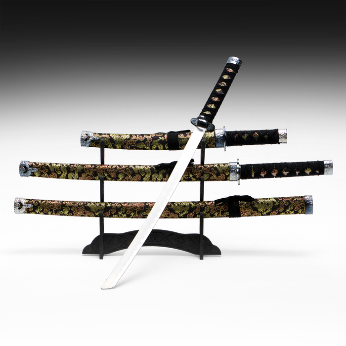 Макет оружия «Сувенирные катаны на подставке 3в1. Драконы на чёрном», подарочный набор, ножны ткань, 47 см; 70 см; 89 см - Фото 1