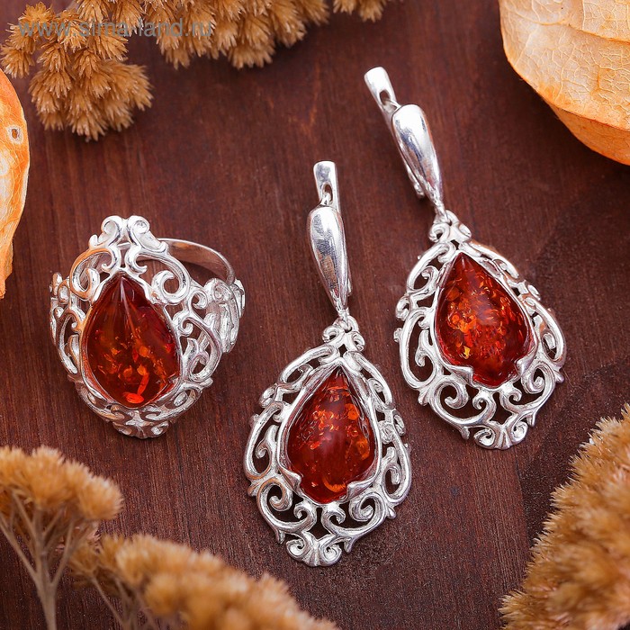 Гарнитур посеребрение 2 предмета: серьги, кольцо «Янтарь» барокко, цвет МИКС, 18 размер - Фото 1