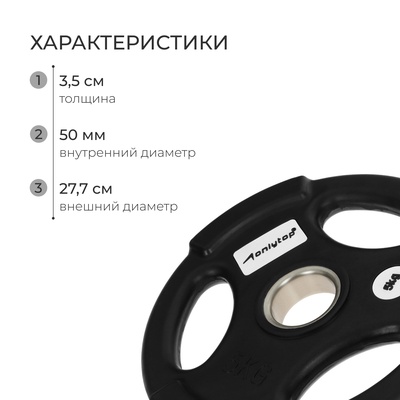 Диск олимпийский ONLYTOP, обрезиненный, с тройным хватом, 5 кг, d=50 мм