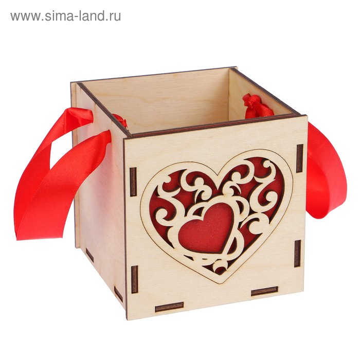 Кашпо деревянное 10×10×10 см кубическое "Два сердца", ручка лента, красный - Фото 1