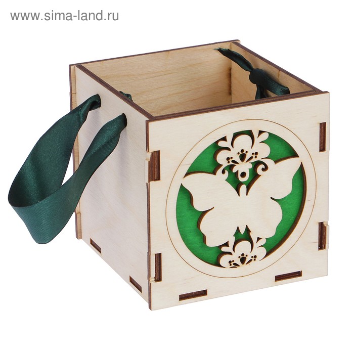 Кашпо деревянное кубическое "Бабочка", стандарт, ручка лента, зелёный - Фото 1
