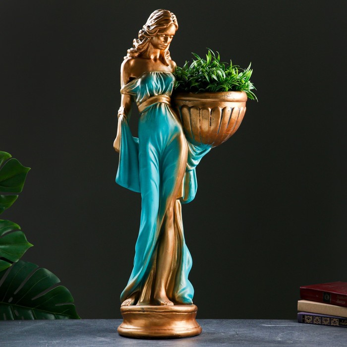Фигура с кашпо Девушка в платье бронза голубой-зеленый, 1,2 л / 21х84х34см